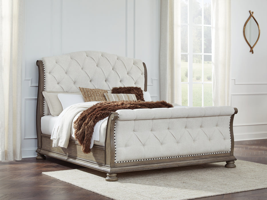 Ardenfield California King Upholstered Sleigh Bed with Mirrored Dresser