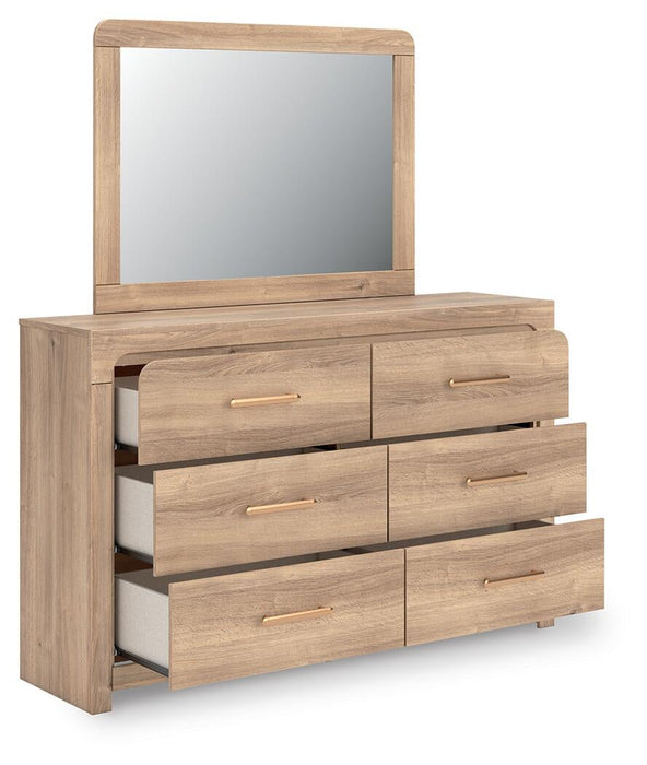 Kinlanni King Upholstered Panel Bed, Dresser and Mirror
